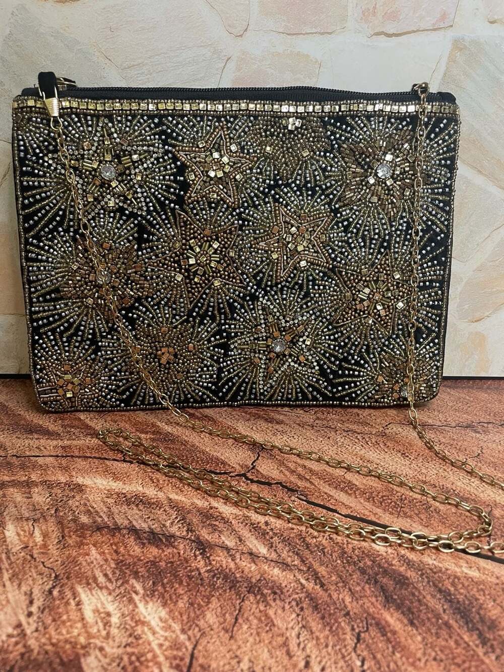 Lulu Black and Gold Beaded Starburst Evening Clutch Bag with Chain Strap